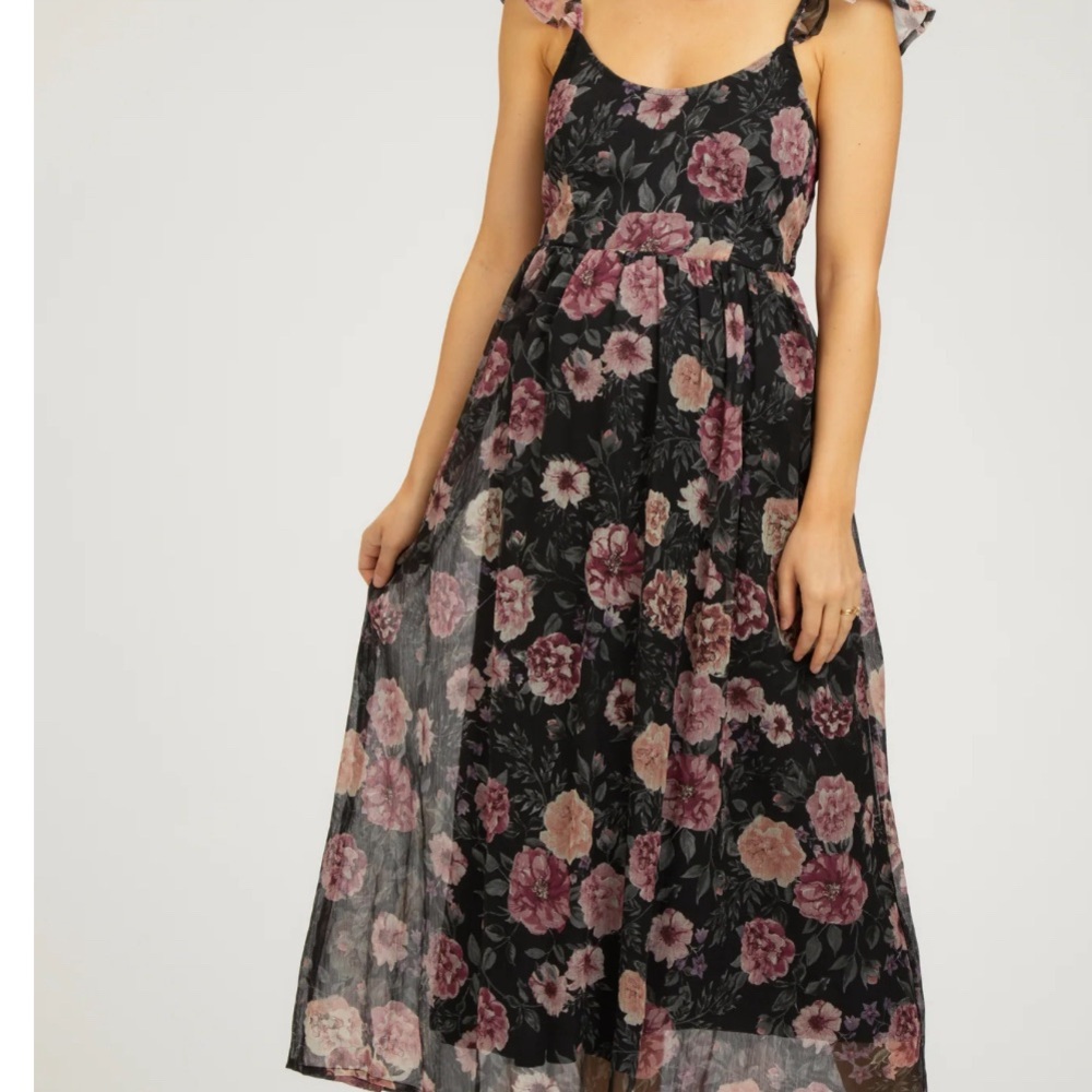 PinkBlush Black Floral Chiffon Maternity Maxi Dress